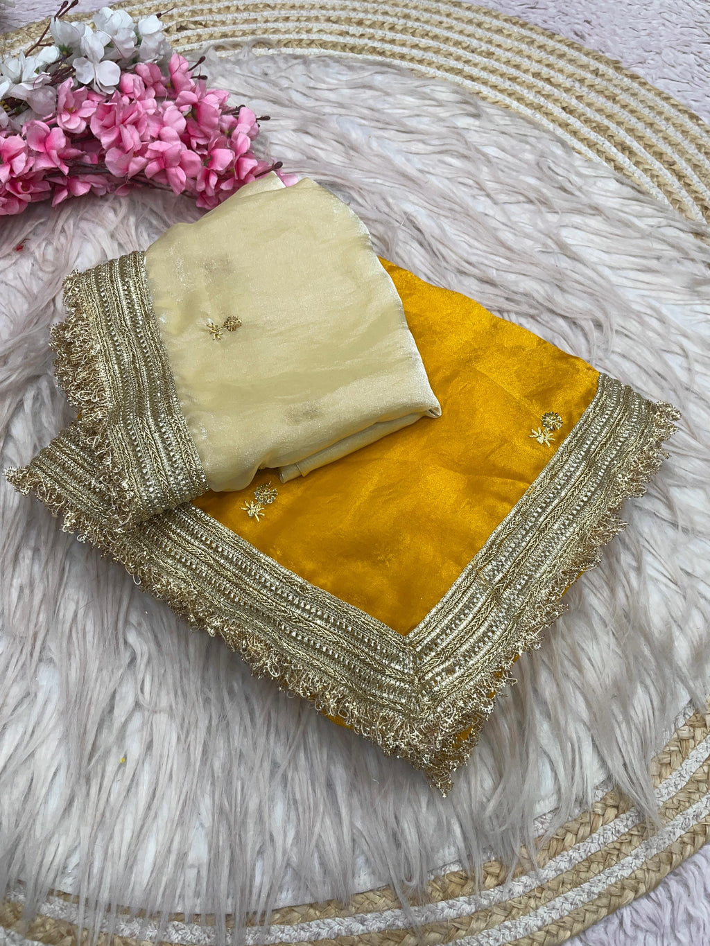 Fandy Satin Saree with Sequin Butti Work and Lace Border