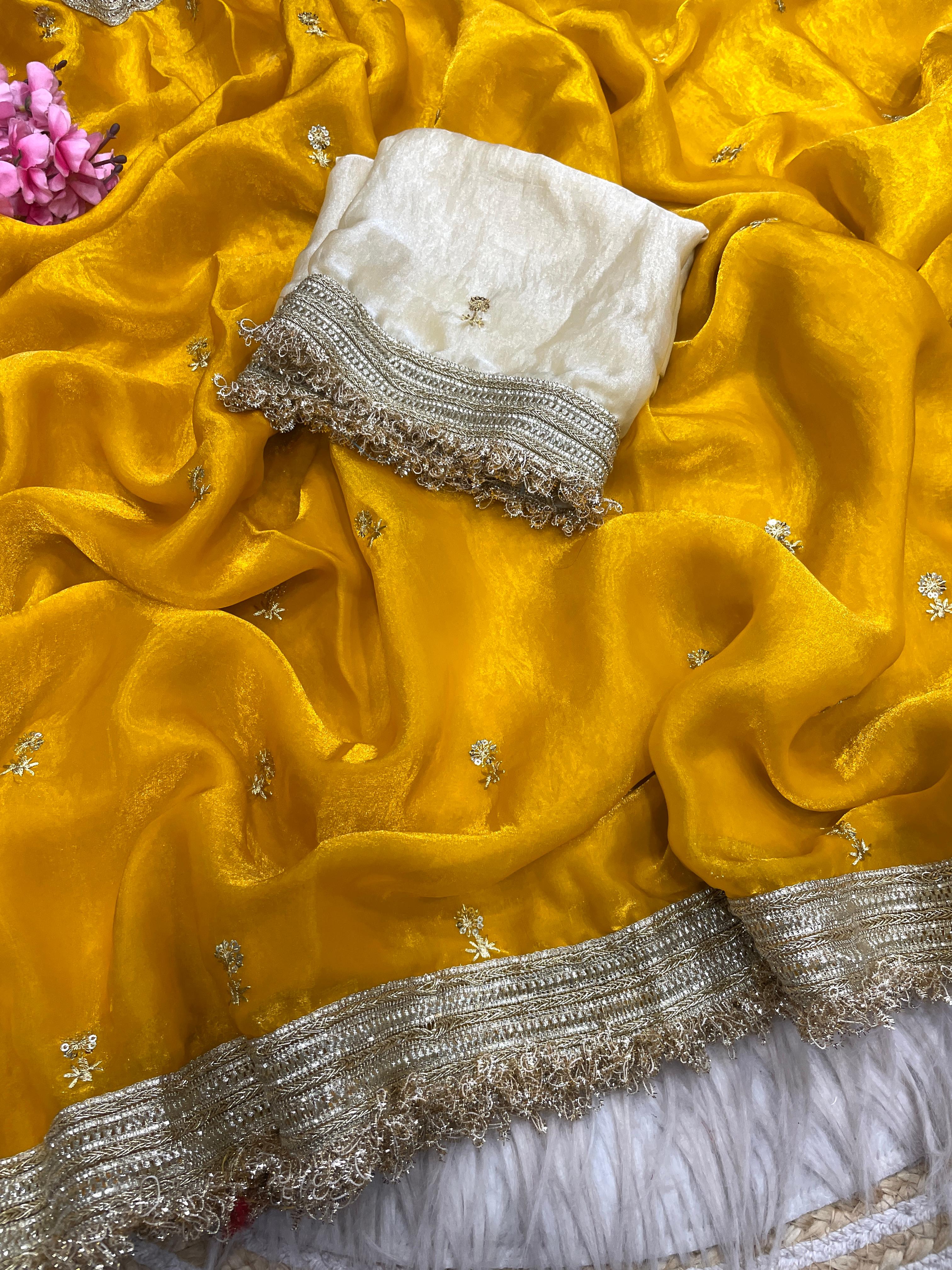 Fandy Satin Saree with Sequin Butti Work and Lace Border