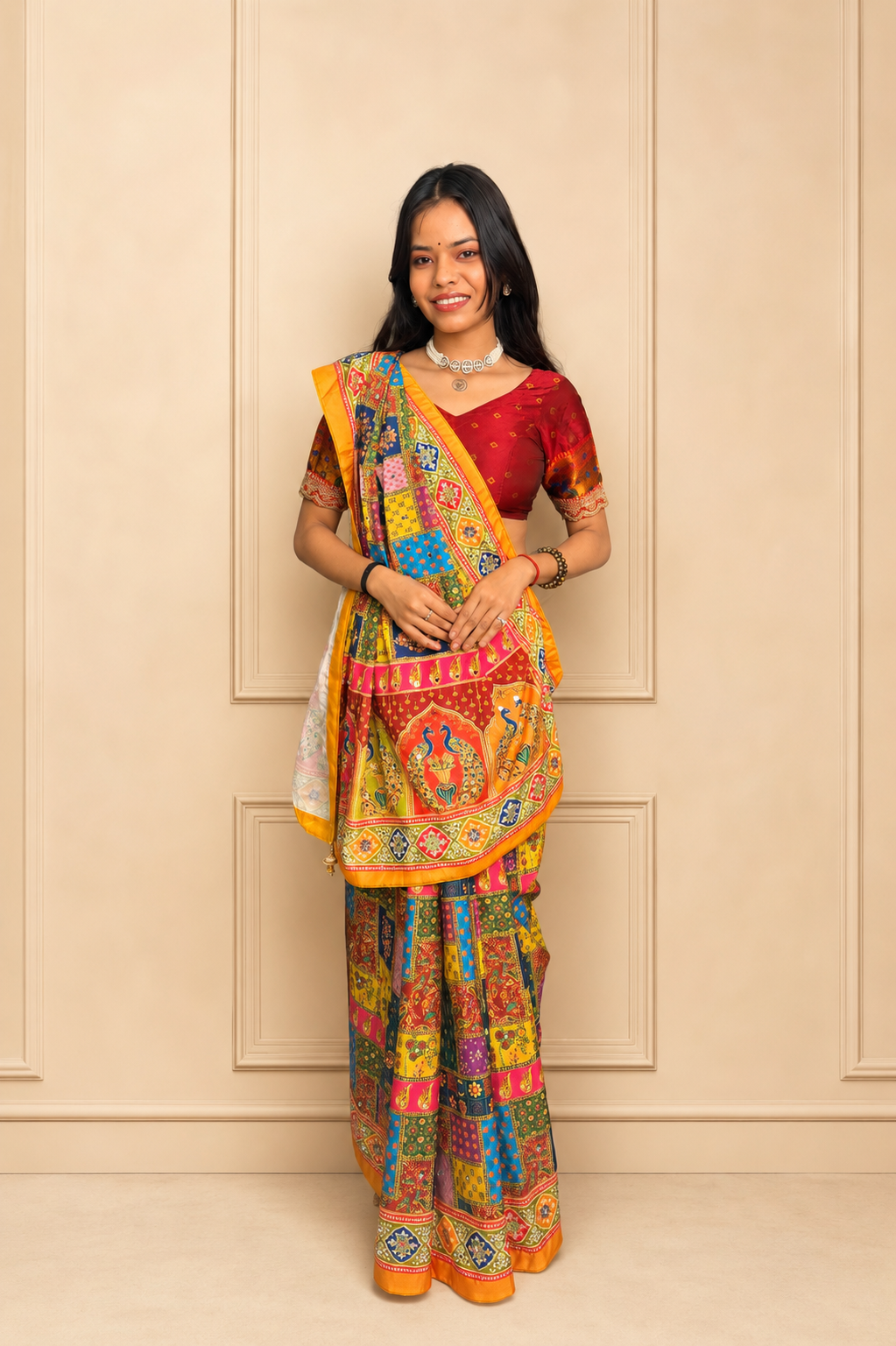 Designer Silk Crepe Digital Print Saree with Embroidered Mirror Work