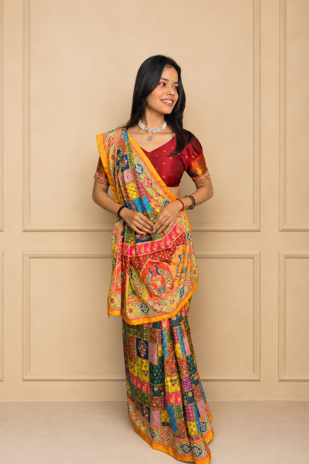 Designer Silk Crepe Digital Print Saree with Embroidered Mirror Work