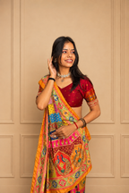 Designer Silk Crepe Digital Print Saree with Embroidered Mirror Work