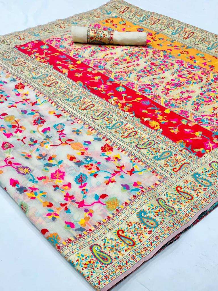 Pionex Kashmiri Multiple Color Thread Pure Zari Saree